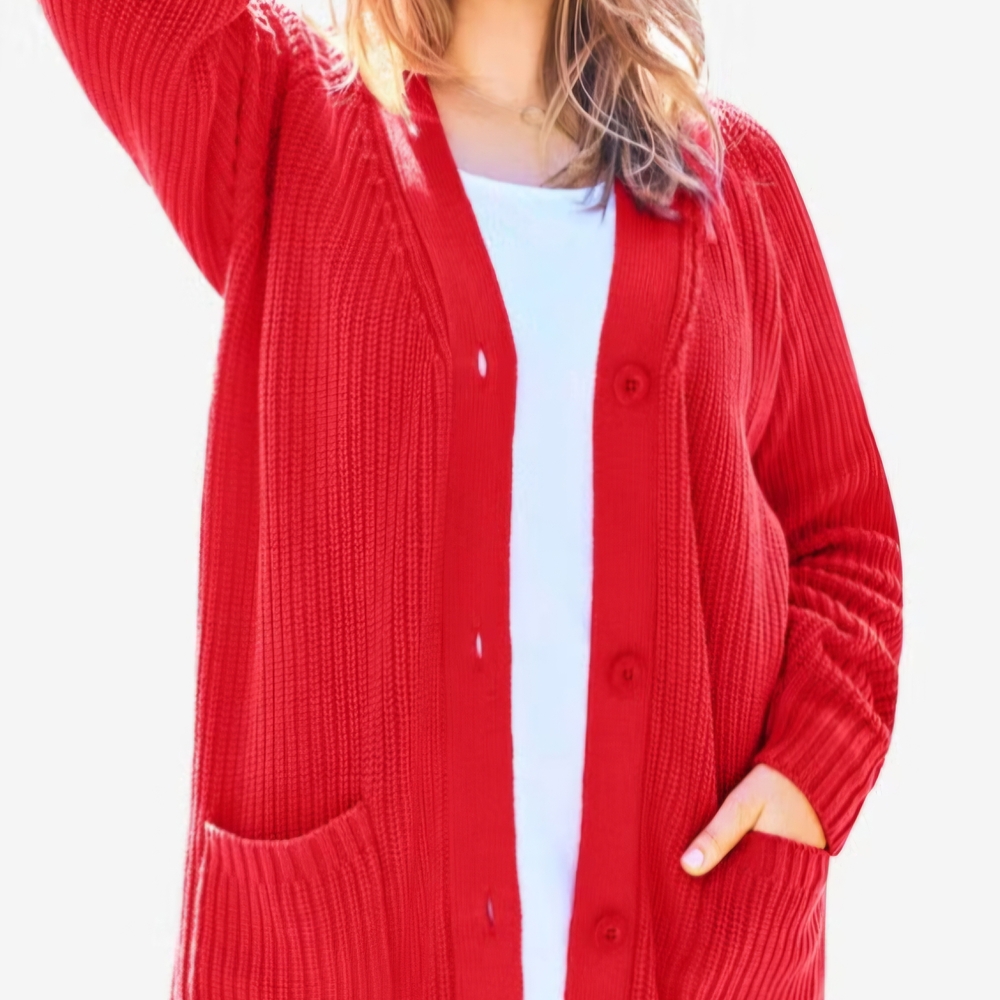 Woman Within Red Ribbed Cardigan Sweater